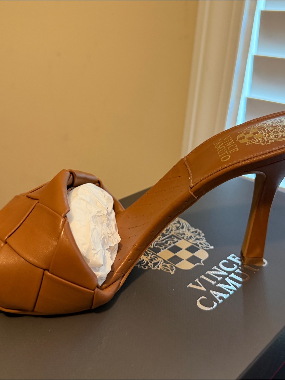 Vince Camuto Cognac Woven Leather Open-Toe Heel Mule